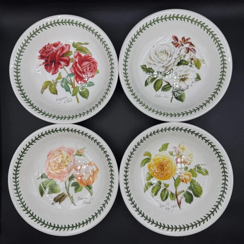 Portmeirion Botanic Roses Pasta Bowls Set of 4 Floral White 8.5in Cottagecore